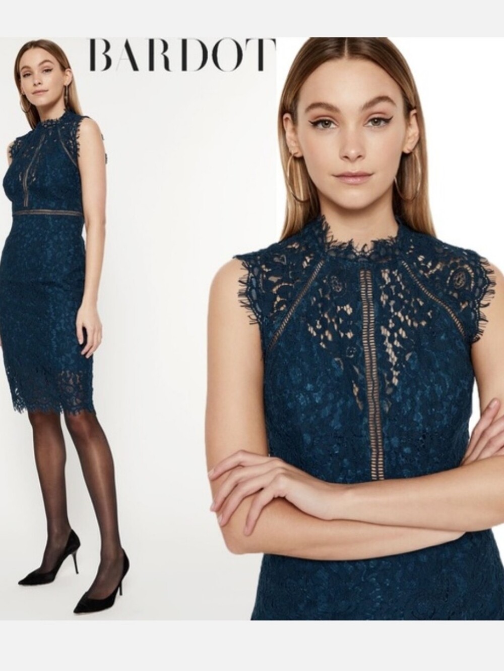 BARDOT Lace Panel Halter Sheath Midi Dress In Navy Blue